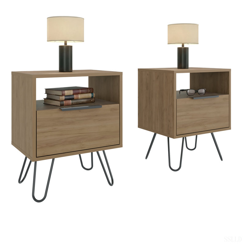 Tables de chevet avec rangement et pieds en métal, ensemble de 2, Light Oak