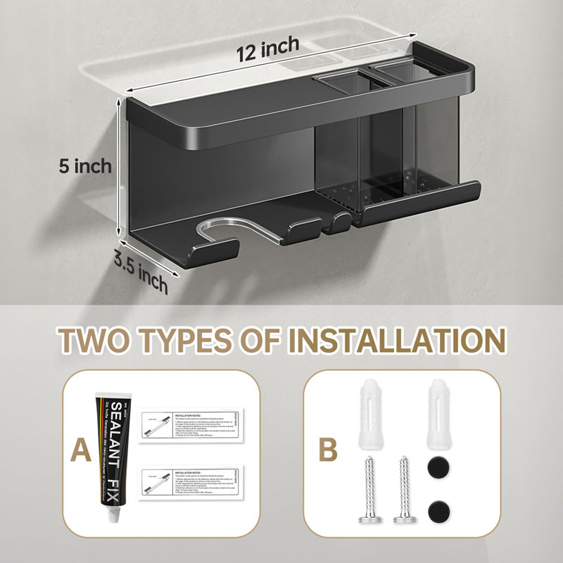Hair Dryer Holder, Blow Dryer Organizer, Hair Dryer Holder Wall Mounted With Shelf, Gray
