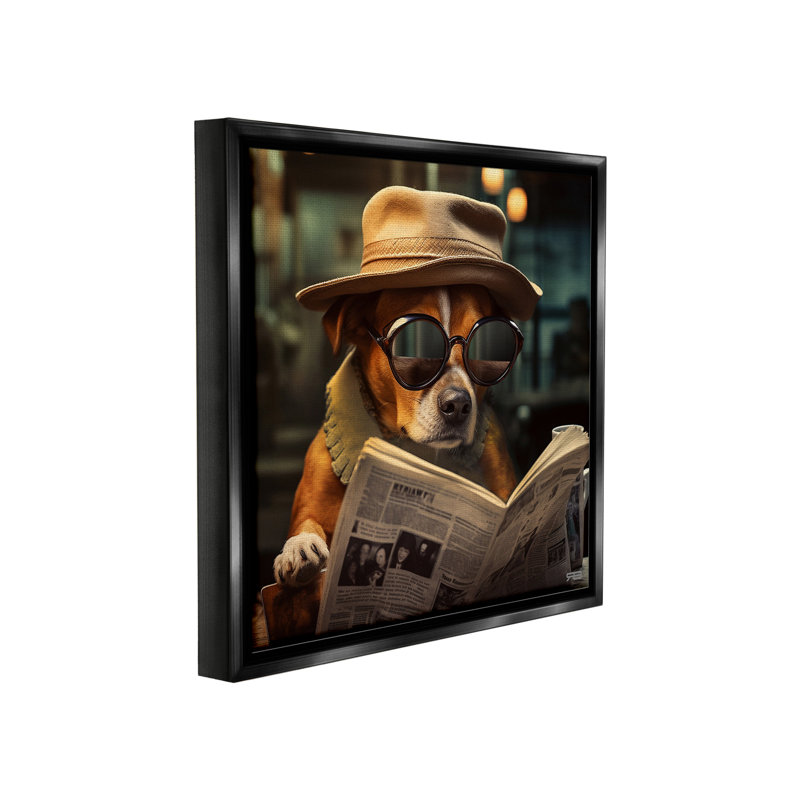 " Dog Reading Newspaper " by RB, 25" H x 25" W, Jet Black Floater Frame