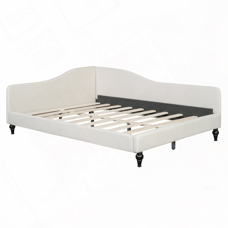 L-Shaped Linen Daybed, with Solid Wood Legs, Beige, Full/Double