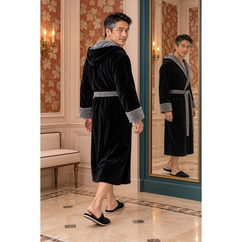 LOTUS LINEN - Peignoir moelleux à capuche, G / TG, Noir / gris