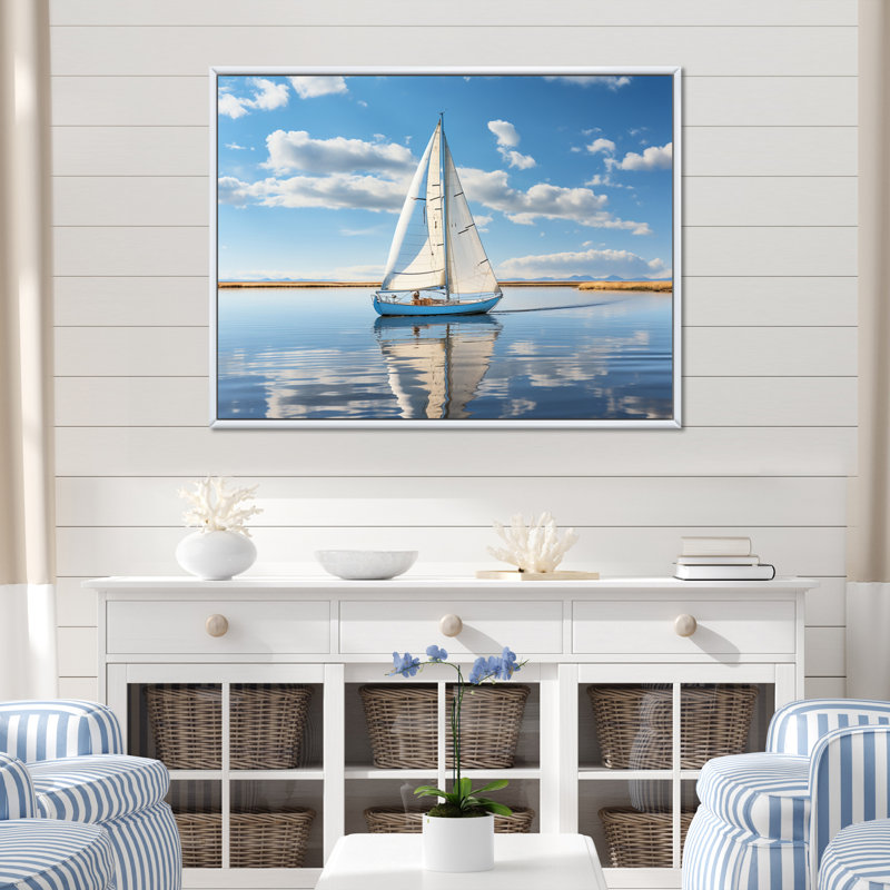 Voilier, voile, sérénité I - Bateau, art mural sur toile, Cadre flottant blanc, 24" H x 32" W