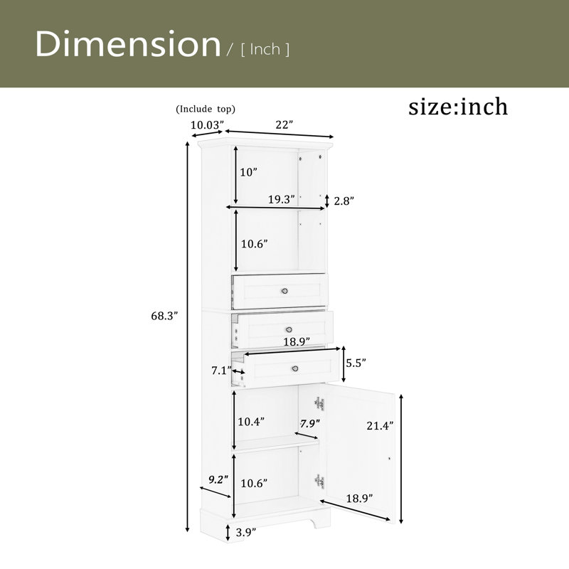 Grande armoire de rangement blanche avec 3 tiroirs et tablettes réglables pour la salle de bain