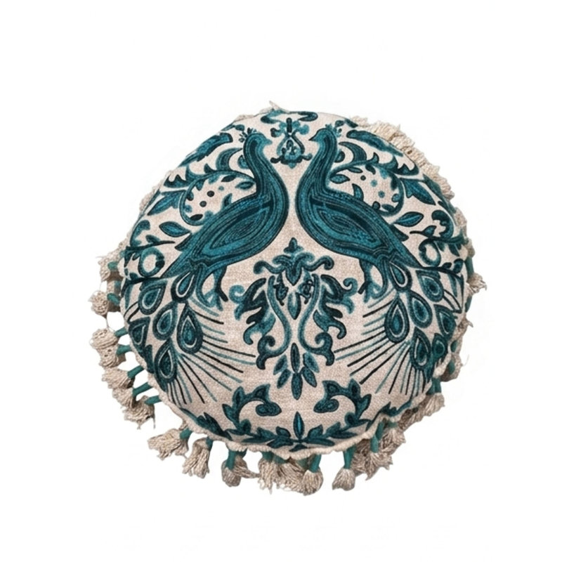 Coussin de méditation à motif de paon rond décoratif de style bohème brodé avec pampilles et bourre 20 po x 20 po x 3,5 po pour salon, chambre et salon