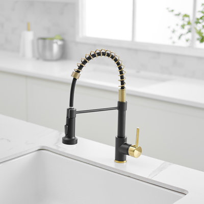 Robinet de cuisine noir mat, robinet de cuisine noir et or avec douchette rétractable, robinet de cuisine à ressort à poignée simple pour évier de cuisine, noir mat et or