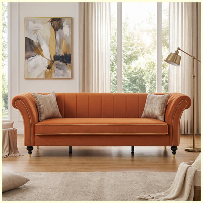 89.5" Caramel Orange Velvet 3-Seater Sofa, Rolled Arms, Vertical Channel Tufted Back & Solid Wood Frame, Includes 2 Decorative Pillows