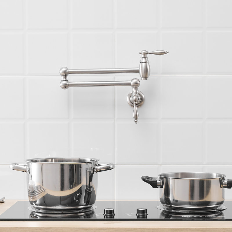Brushed Gold Brass Wall Mounted Pot Filler, Kitchen Folding Faucet With Stretchable Double Joint Swing Arms, One Hole Inlet, Safe Leak Design Faucet, Mount Commercial Filler Material, Dual Handles,