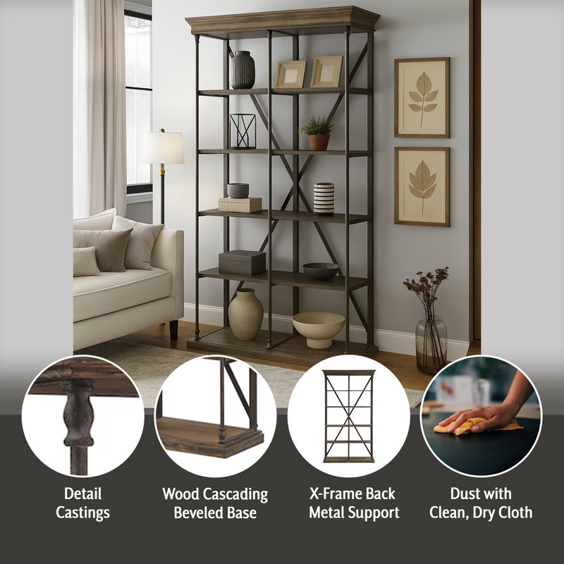 Assisi Tall Wood & Metal Etagere Bookcase, Black/Brown