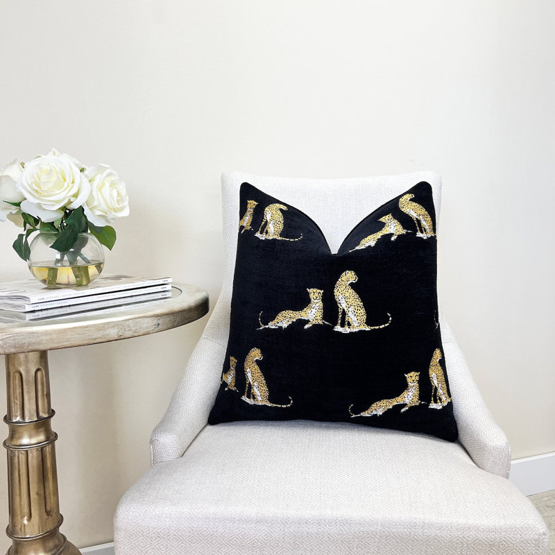Embroidered Cheetah Chenille Throw Pillow Cover, 22" H x 22" W, Black