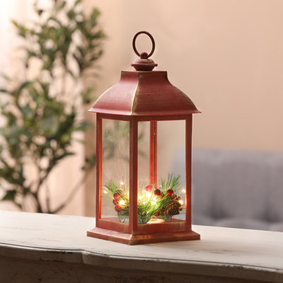 Red and Gold Rustic Christmas Holiday Berry and Pinecone LED Lantern