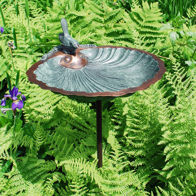 Antique Brass Scallop Shell Birdbath with Stake