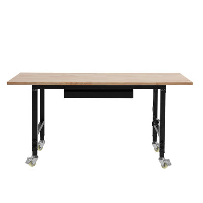 Établi réglable sur roulettes, capacité de 2 000 lb, établi en bois de chêne avec plateau et prises de courant 60 po x 24 po, table de travail robuste en bois franc pour garage, atelier, maison, bureau, commercial