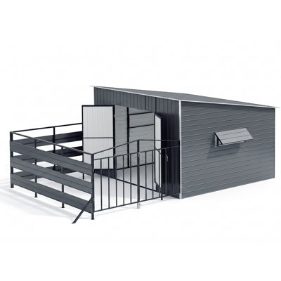 13x23 FT Livestock Shelter with Corral Fence, Heavy Duty Horse Run-In Shed with Galvanized Steel Frame, Metal Roof & Lockable Gate, Outdoor Animal Shelter for Horses, Cattle, Goats and Farm Use