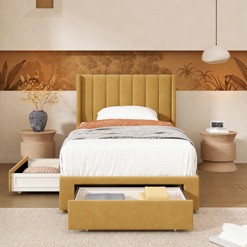 Lit plateforme avec rangement Jeilyn, Simple, Or pâle