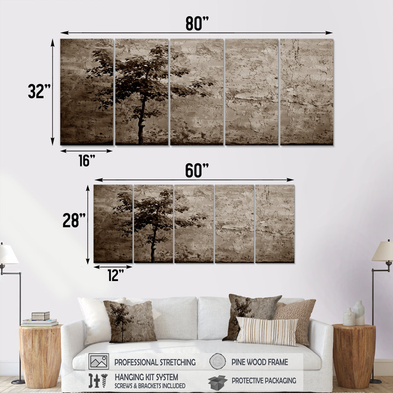 Arbre simple devant un mur - ensemble d'art mural arbre monochrome 5 pièces, H 28 po x l 60 po