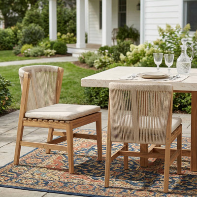 Caelora Modern Coastal Acacia Wood Rope Outdoor Dining Chairs with Beige Olefin Cushions