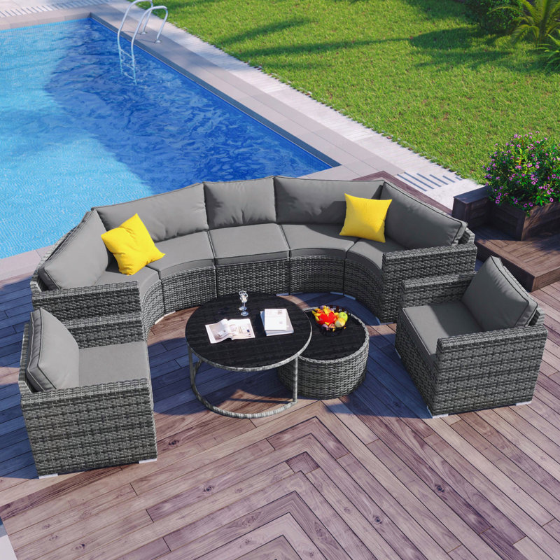 9-Pieces Outdoor Half-moon Patio Sofa Set, Round Sofa Set, Modern Style Sofa, Wicker, Cushion, Grey, Grey