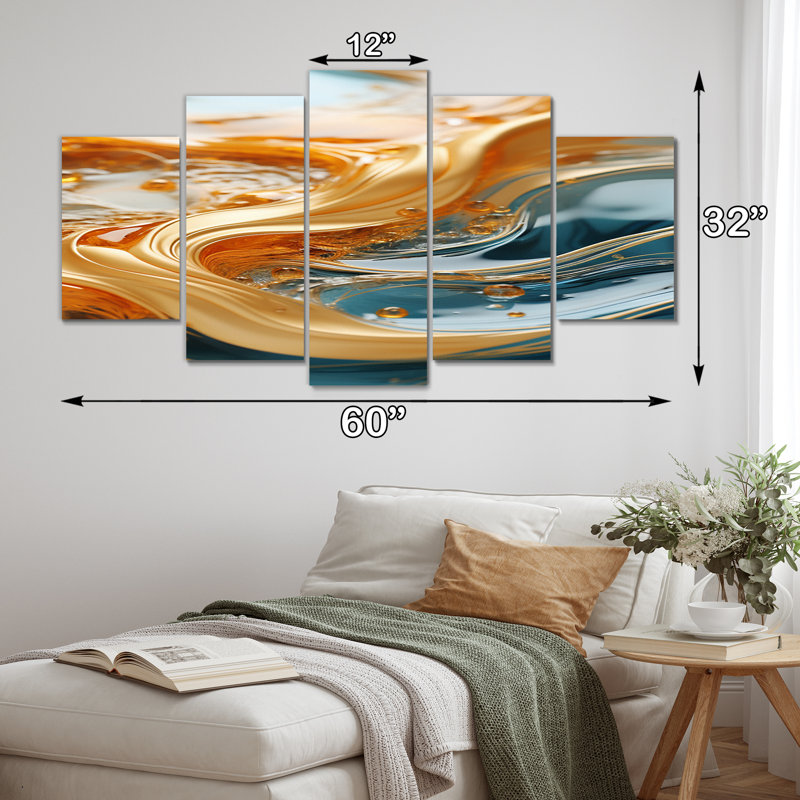 «Bold Gold Elegant Wave On Blue», reproduction d'art abstraite, 5 panneaux