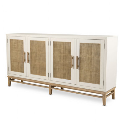 Timeless Coastal Elegance White Kiln-Dried Solid Wood Credenza with Natural Weaved Cane Panels, Spacious Adjustable Shelves, Fully Assembled TV Stand by Rosalind Wheeler