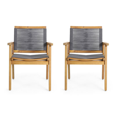 Outdoor Dining Chair Set Of 2, 35 Inch Gray Woven, Brown Acacia Wood