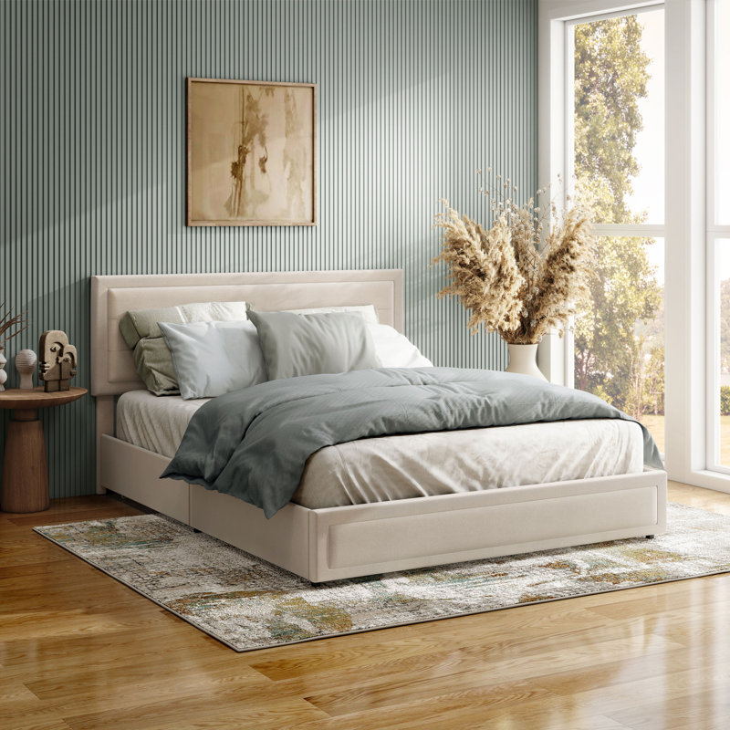 Lit plateforme tapissier avec rangement, Double, Velours ivoire