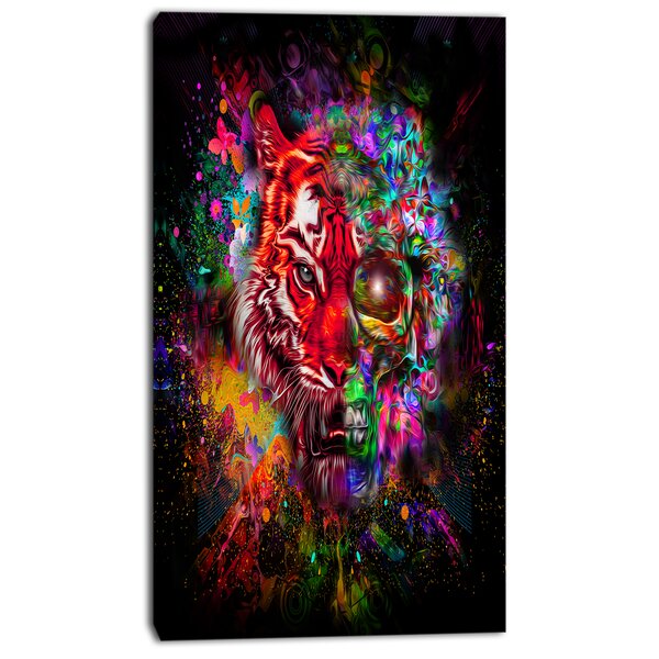 DesignArt Colorful Tiger Head With Half Skull On Canvas Print | Wayfair