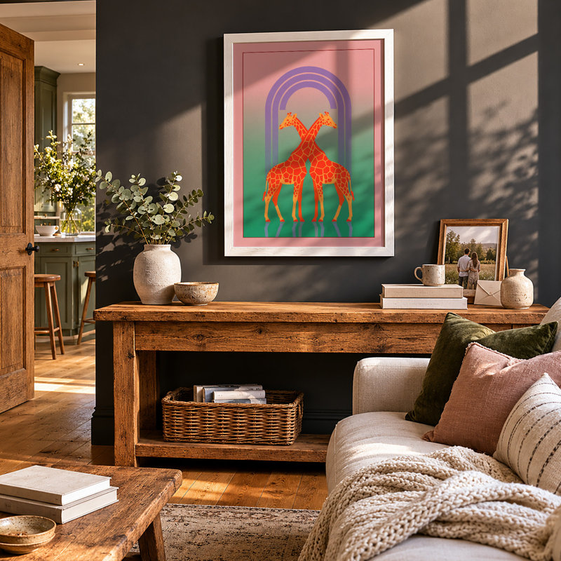 Twin Giraffes in Arch Modern - Framed Print, A3 - 42.0 x 29.7 cm, White