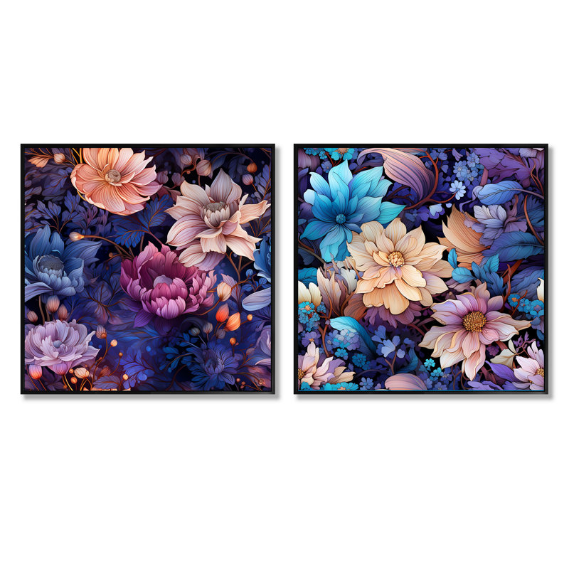 Orly - Floral Square Collage Set Of 2, Black Floater Framed, 16" H x 33" W
