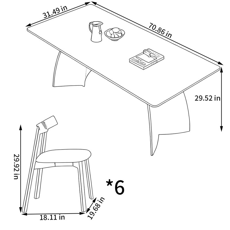 Rectangular rock plate dining table and chair set, 29.52"H x 70.86"L x 31.49"W