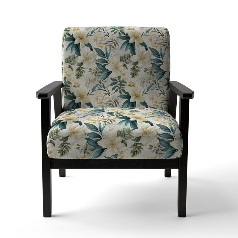 Serene Botanics Tropical Pattern - Upholstered Coastal Arm Chair, Beige Accent Chair, Serene Botanics Tropical Pattern II
