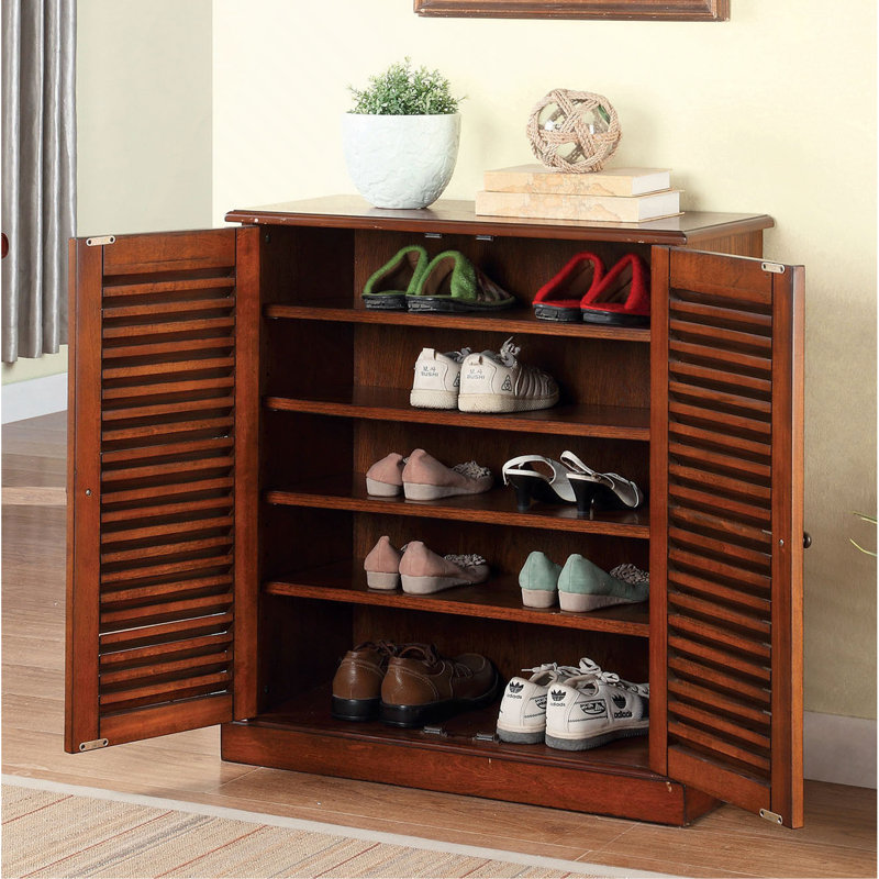 Armoire à chaussures avec 5 tablettes et portes à persiennes, Cerisier