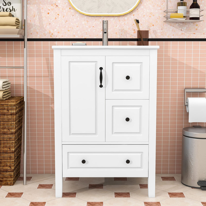 Meuble-lavabo simple contemporain en bois avec lavabo en céramique, porte à fermeture en douceur et tiroirs de rangement