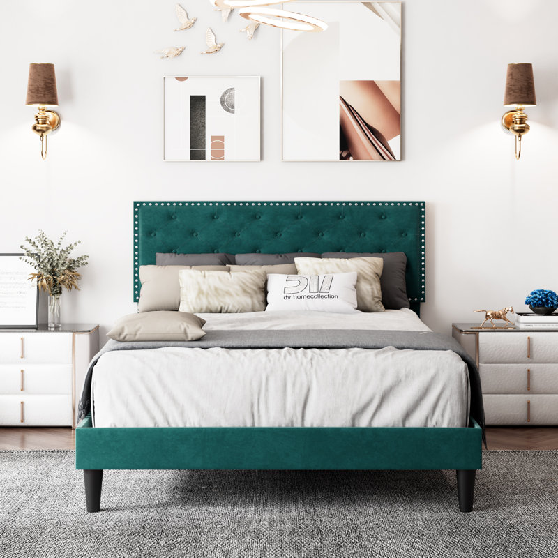 Aleiny Velvet Bed with Adjustable Upholstered Headboard, Blue, King