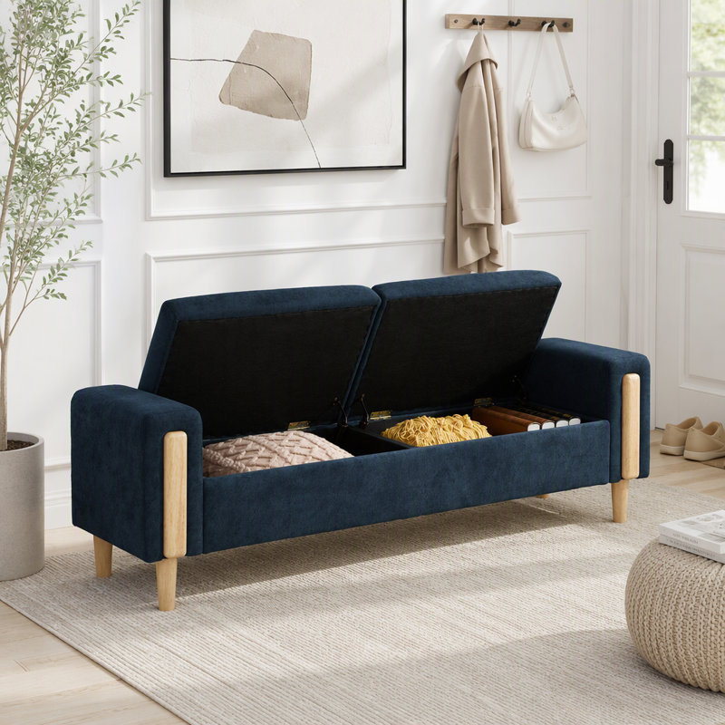 Banc de rangement rembourré avec couvercles doubles et accoudoirs, Bleu