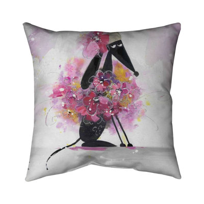 Cartoon dog with pink flowers - 26"x26" Throw pillow - Poly twill - Print on demand