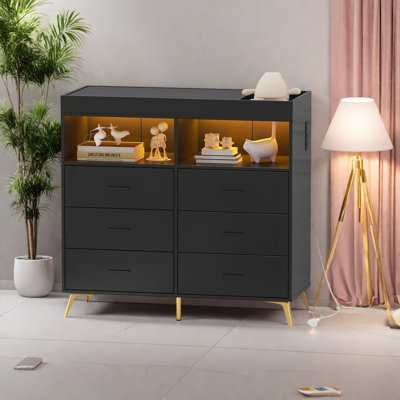 Dresser For Bedroom With Led Lights And Power Outlet, Baby Changing Table Dresser With 6 Drawers
