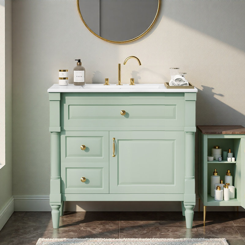 Meuble-lavabo sur pied 36 po avec lavabo, armoire de salle de bain autoportante avec lavabo en céramique, tiroir rabattable, tablette réglable