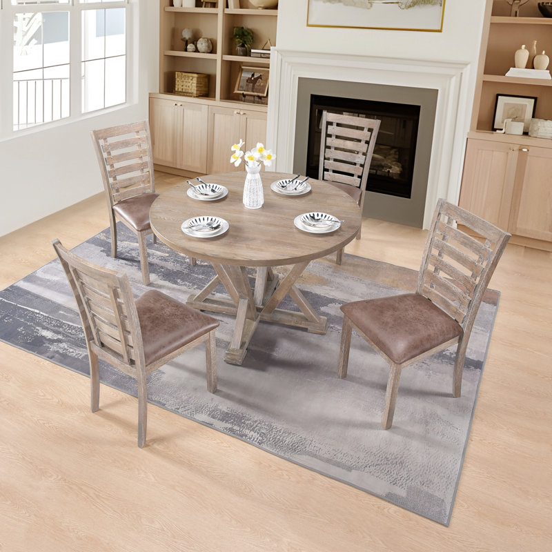 Rustic Farmhouse 5-Piece Dining Set with Round Pedestal Table and Faux Leather Chairs