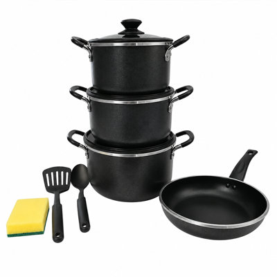 A 10-piece aluminum cookware set, including 3 soup pots and 3 matching lids (7.87 inches, 8.66 inches, 9.44 inches), plus 1 frying pan (9.44 inches), 2 spoons, and 1 sponge brush. This versatile cookware set is suitable for both home and commercial use—p