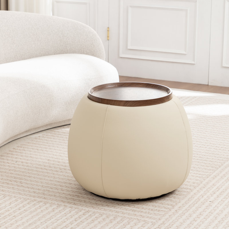 Repose-pieds de rangement rembourré avec plateau en bois Pietsch, Cream