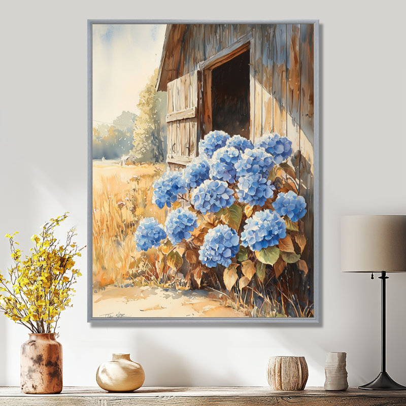 «Ashlie Hydrangeas By The Stable Door I - Hydrangea», art sur toile, Argent argent, H 32 po x l 24 po