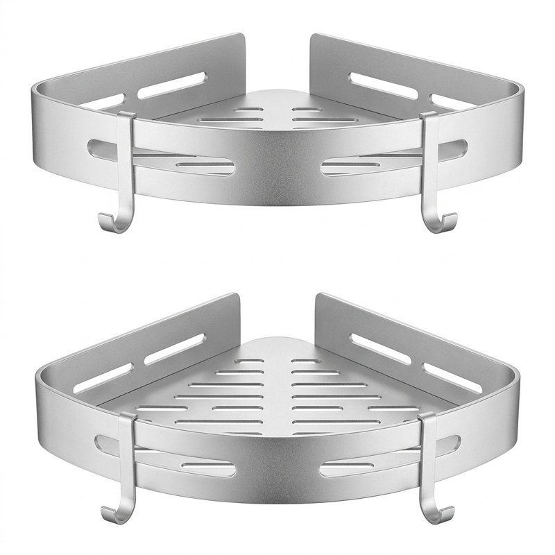2-Tier Dark Grey Corner Shower Caddy, No Drill Adhesive Wall Mount Shelf, Silver