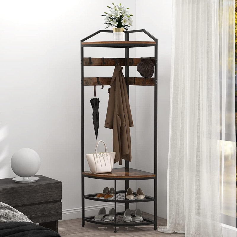 Corner Hall Tree Belt Shoe Stool Entrance Cloak Rack With 10 Metal Movable Hooks Floor Stand Clothes Hanger Shoe Rack, White