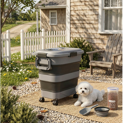 Airtight Collapsible Pet Food Storage, 10-25 lbs, Attachable Wheels, Portable Handle, Scoop, Dark Grey, for Dog, Cat, Bird Dry Food