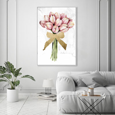«Floral and Botanical Dusty Pink Tulips Gold Florals», reproduction d'impression sur toile