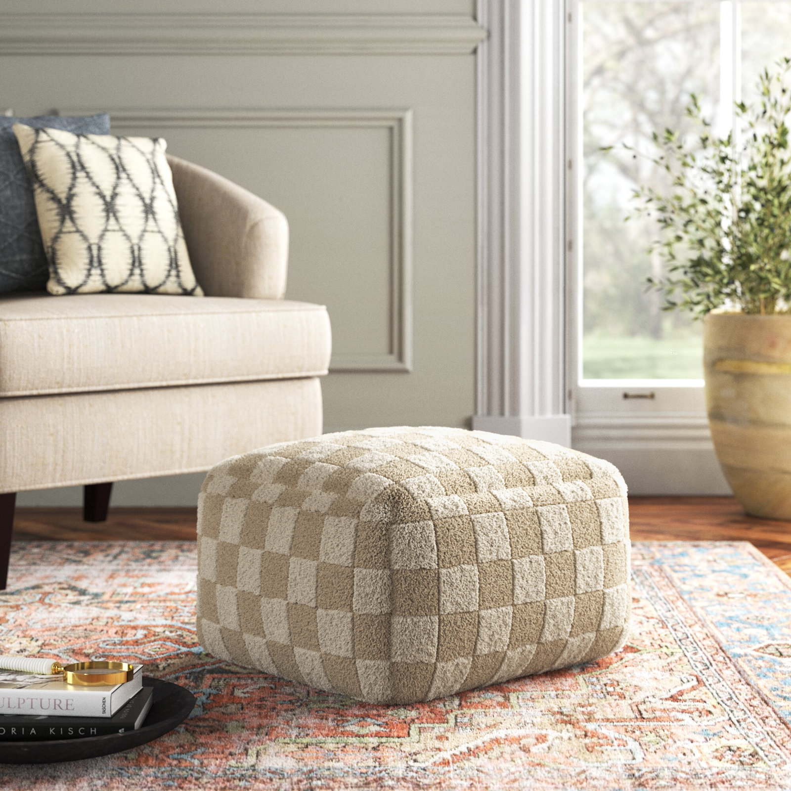 Birdie Upholstered Pouf, Off White Wool/Cotton Blend