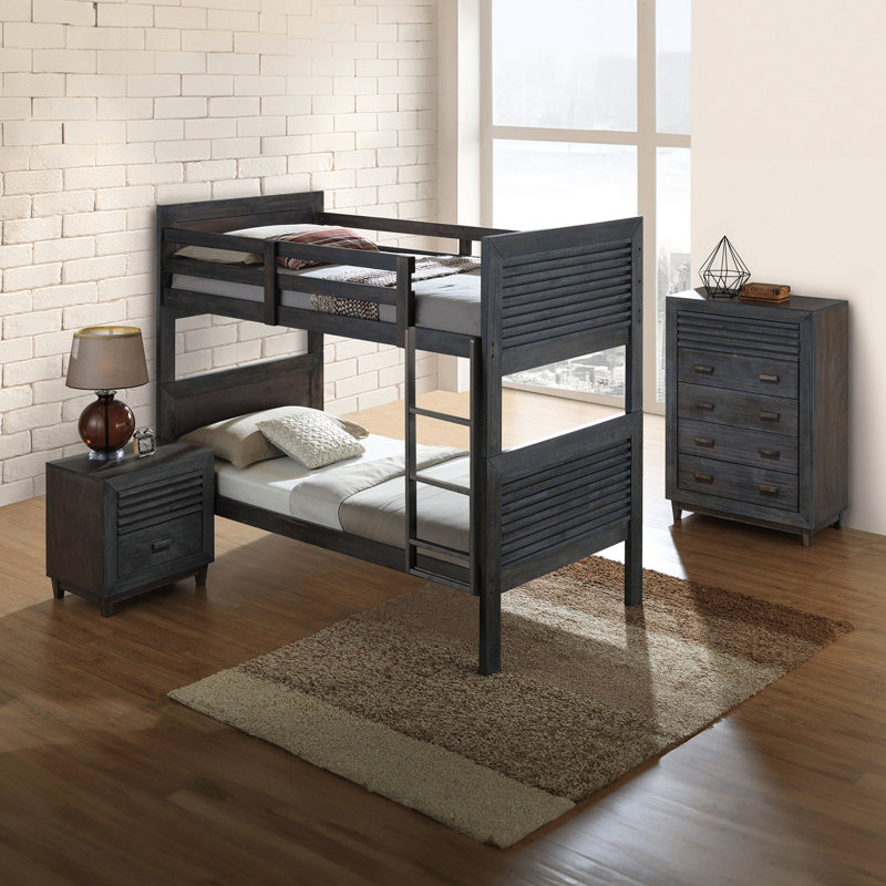 Solid Hardwood Transitional Twin Over Bunk Bed In Charcoal Brown, Reversible , Slat Design, Panel Headboard And , Insert Lock Joint, Bedroom Furniture With Brown Wood Construction, & Convertible