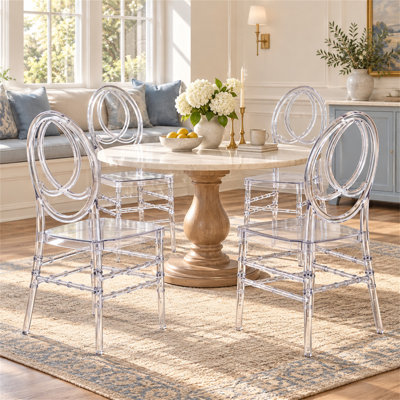 Ensemble de 4 chaises de salle à manger King Louis transparentes avec dossier ovale à dossier ouvert ovale en plastique transparent pour les mariages et les salles à manger