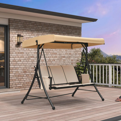  Porch Swing with Adjustable Tilt Canopy 3-Seat Patio Swing with Stand and Meatl Steel Frame All-Weather Outdoor Swing Chair Seat Space-Saving for Backyard Garden Deck (Cream)