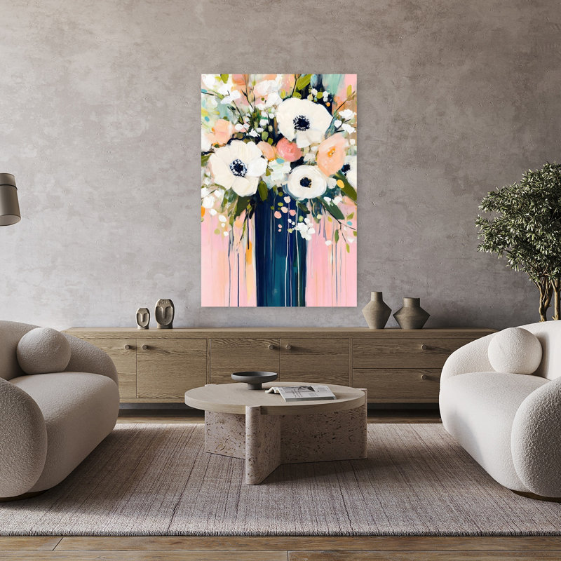 Art moderne contemporain sur fond rose, H 48 po x l 32 po